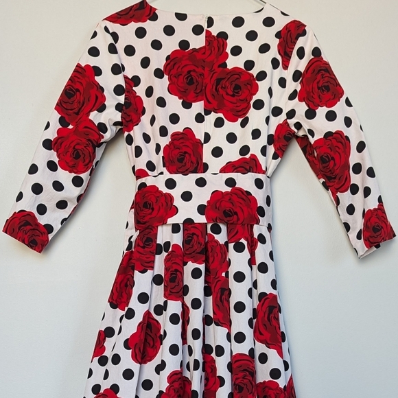 Dainty Jewells Floral Polka Dot Maxi Dress ¾ Sleeve Full Skirt Red Black White S - Picture 7 of 16
